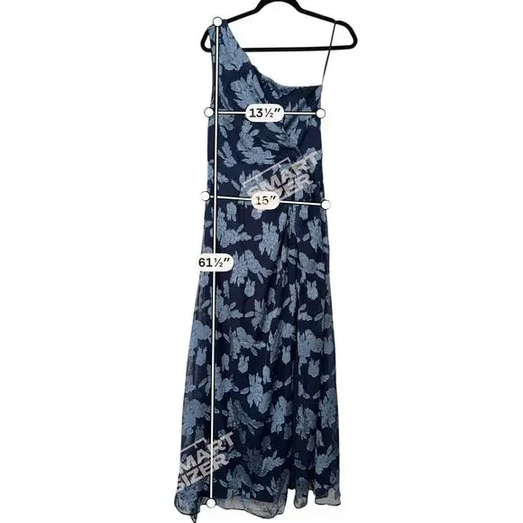 Lulus One Shoulder Floral Jacquard Maxi Dress Medium Navy Blue Wedding Guest - Picture 8 of 12